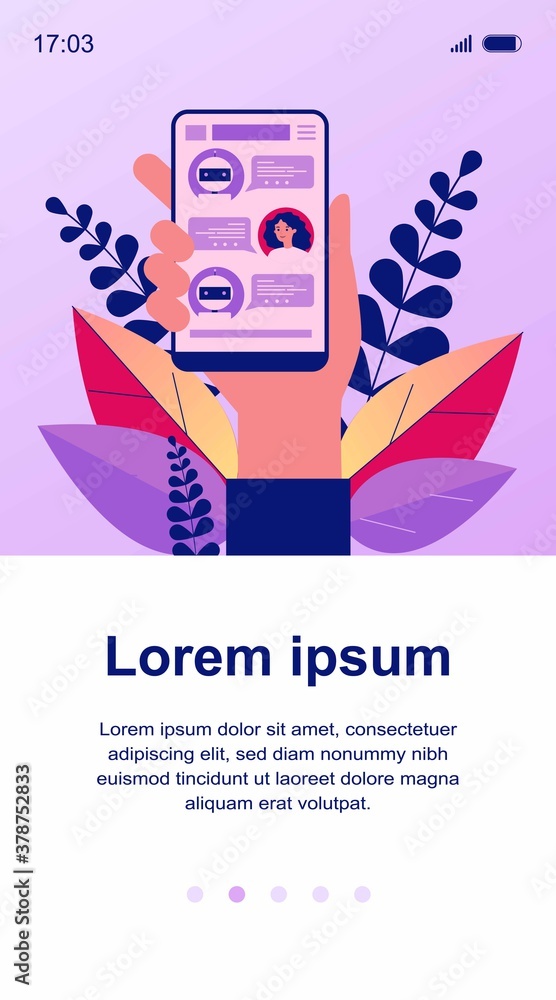 Poster hand holding smartphone with text messages flat vector illustration. modern mobile screen with onlin