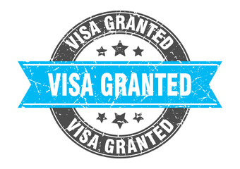 visa granted round stamp with ribbon. label sign