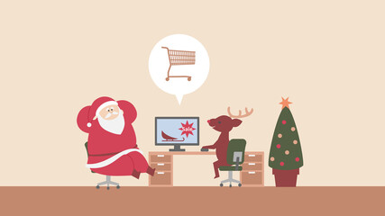 オンラインショッピングでソリを注文するトナカイとサンタクロース