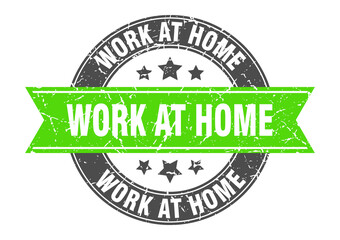 work at home round stamp with ribbon. label sign