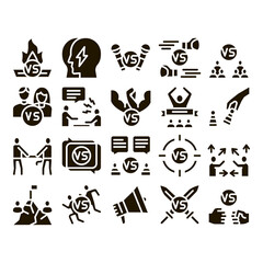 Battle Competition Glyph Set Vector. Champion Battle, Box And Run Sport Championship, Chess And Karaoke, Loudspeaker And Sword Glyph Pictograms Black Illustrations