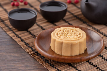 Colorful beautiful moon cake, mung bean cake, Champion Scholar Pastry cake for Mid-Autumn festival traditional gourmet dessert snack, close up.
