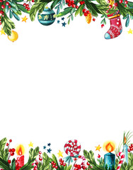 Watercolor frame on a Christmas theme with a white background. Green spruce branches, candles, sweets, Christmas decorations, stars. Elements for the decoration of New Year and Christmas products.