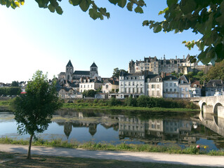 Saint Aignan sur Cher. France. View of the castle and collegial church, by the river