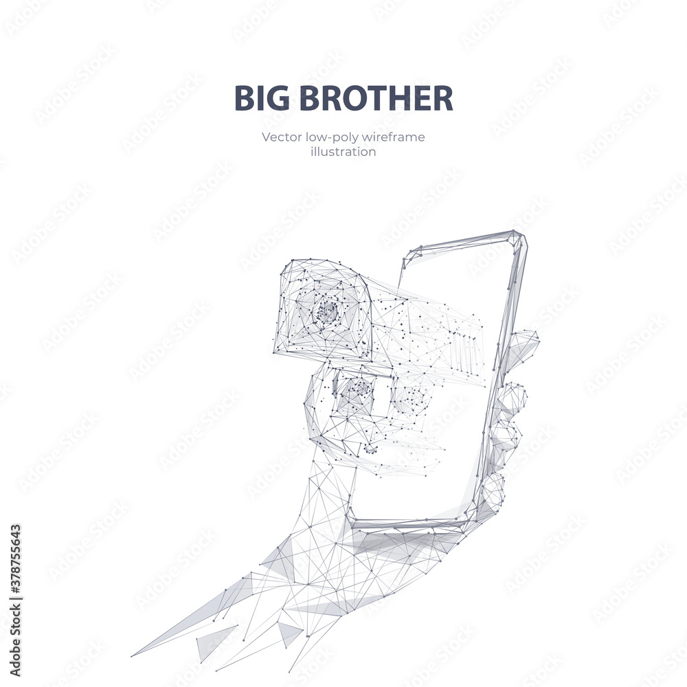 Poster Polygonal 3d hand holding smartphone with security camera on screen isolated in white. Big Brother is watching. Abstract vector sketch drawing. Surveillance, spying, personal data and privacy concept