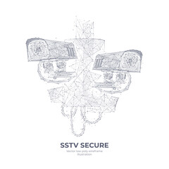 Obraz premium Abstract 3d illustration of two SSTV cameras. Polygonal mesh wireframe isolated in white background. Slow scan television secure concept with connected dots and lines. Vector sketch drawing