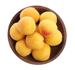 Fototapeta na wymiar Delicious ripe apricots in wooden bowl isolated on white, top view