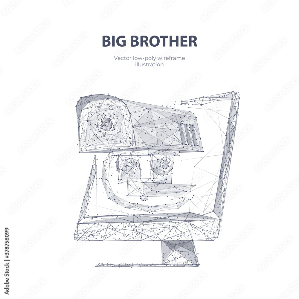 Poster Polygonal 3d security camera on computer screen isolated in white. Big Brother is watching. Abstract vector sketch drawing with lines and dots. Surveillance, spying, personal data and privacy concept