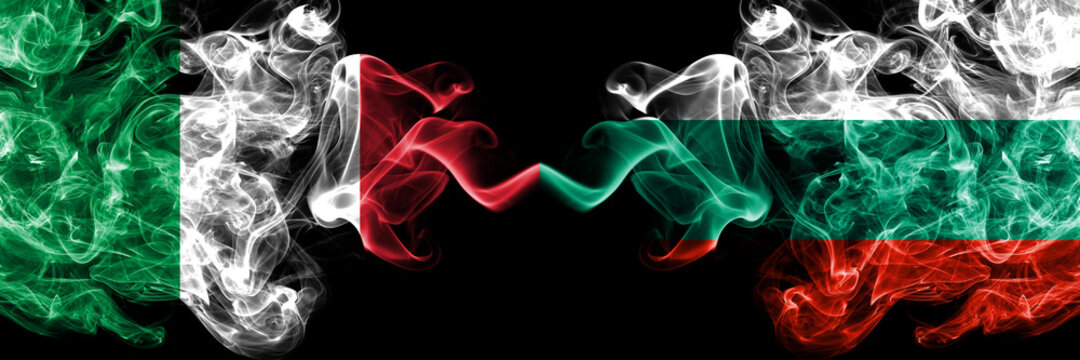 Italy vs Bulgaria, Bulgarian smoky mystic flags placed side by side. Thick colored silky abstract smoke flags of Italian and Bulgaria, Bulgarian - Powered by Adobe