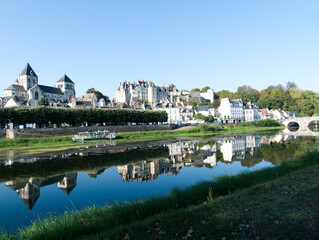 Saint Aignan sur Cher. France. View of the castle and collegial church and the bridge, by the river