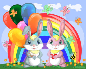 Obraz na płótnie Canvas Cute cartoon bunny with an armful of balls and a bunny girlfriend in a meadow near the rainbow. Spring, postcard