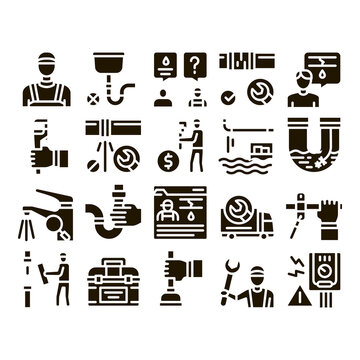Plumber Profession Glyph Set Vector. Plumber Worker And Equipment, Faucet And Pipe Research, Instrument Case For Fixing Glyph Pictograms Black Illustrations