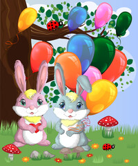 Obraz na płótnie Canvas Two cute bunny with balls in a forest glade. Boy and girl, concept spring, love