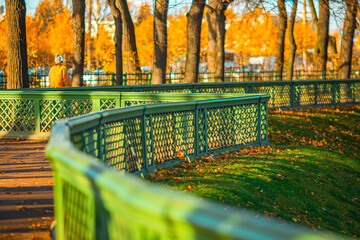 Beautiful green fence in the autumn park.