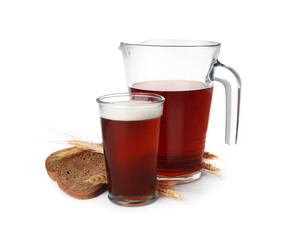 Delicious kvass, bread and spikes on white background