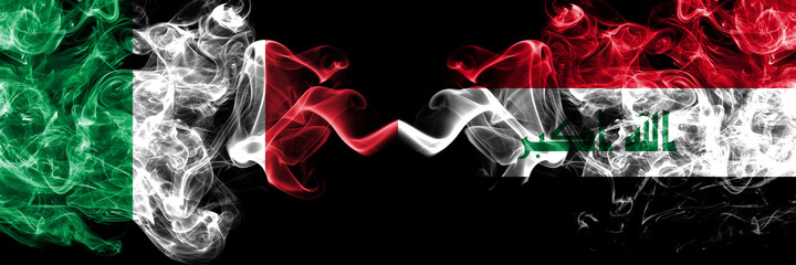 Italy vs Iraq, Iraqi smoky mystic flags placed side by side. Thick colored silky abstract smoke flags of Italian and Iraq, Iraqi