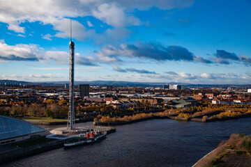 Glasgow / Scotland - Nov 13, 2013: Fall in the city. Clyde river embankment. Glasgow Science Centre...