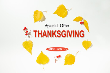 Thanksgiving sale banner with autumn leaves