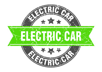 electric car round stamp with ribbon. label sign