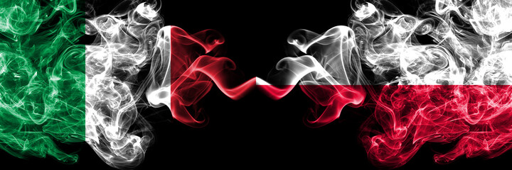 Italy vs Poland, Polish smoky mystic flags placed side by side. Thick colored silky abstract smoke flags of Italian and Poland, Polish