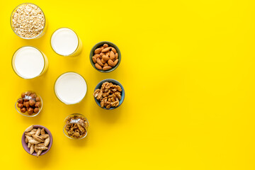 Top view of non-dairy lactose free milk with nuts