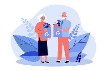Senior couple shopping with reusable bags. Old people with paper bags with organic food flat vector illustration. Healthy eating, waste recycling concept for banner, website design or landing web page