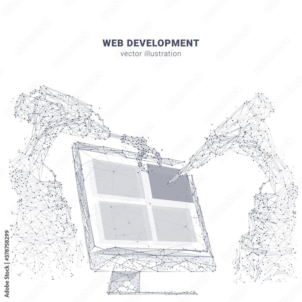 Leinwandbilder Abstract computer screen and robotics isolated in white. Innovative web development, app or website design concept. Vector sketch drawing with lines, dots, particles and triangles. Low poly wireframe