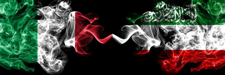 Italy vs Somaliland smoky mystic flags placed side by side. Thick colored silky abstract smoke flags of Italian and Somaliland