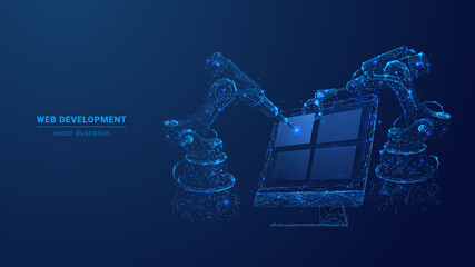 Abstract polygonal 3d illustration of computer screen and robotics in dark blue. Innovative web development, app or website design concept. Digital vector mesh with lines, dots, stars and particles