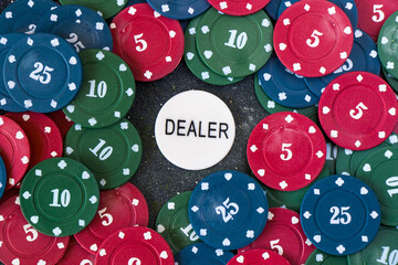 Card dealer chips on the poker and blackjack table