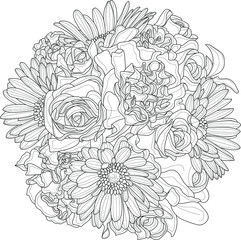Realistic mix flowers bouquet with roses and gerbera daisy sketch. Vector illustration in black and white for games, background, pattern, decor. Print for fabrics. Coloring paper, page, book