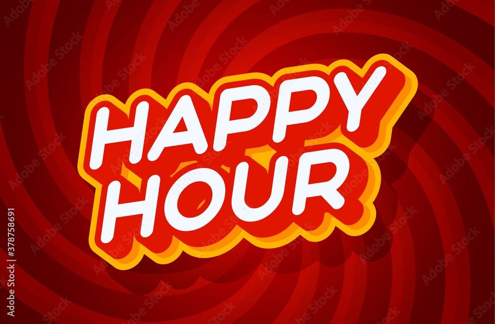 Aufkleber happy hour red and yellow text effect template with 3d type style and retro concept swirl red backgr