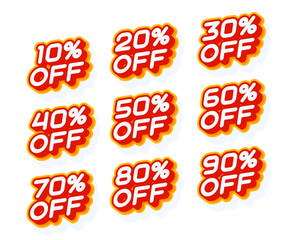 Sale percentage set 10 20 30 off and other red and yellow label template with 3d type style isolated on white background vector illustration.