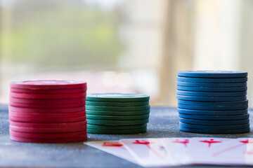 Card dealer chips on the poker and blackjack table