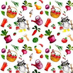 pattern about gardening, vegetables and fruits, tree, flowers, shovel, rake, watering can. For children's textiles, wallpapers, prints, books, toys