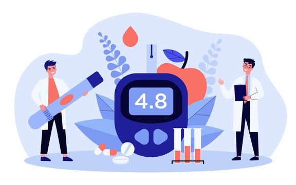 Glucose level and diabetes concept. Doctors with glucometer and lab tubes checking blood for sugar. Vector illustration for health, medical test, hypoglycemia topics