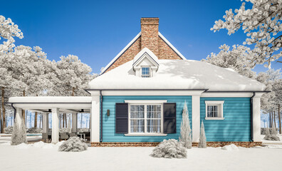 3d rendering of modern cozy classic house in colonial style with garage and pool for sale or rent with beautiful landscaping on background. Cool winter day with shiny white snow.