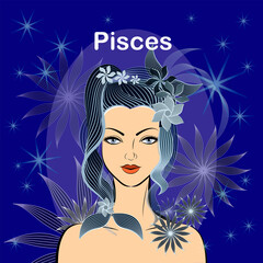 Pisces,beautiful space woman with fiery hair.Vector abstract graphic design.zodiac element of water.
