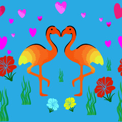 Couple of Flamingos in love, ün their habitat. Seamless pattern vector design