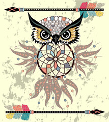 Boho style colored owl with tribal arrows. Bohemian tribal owl with a dream catcher. Totem owl