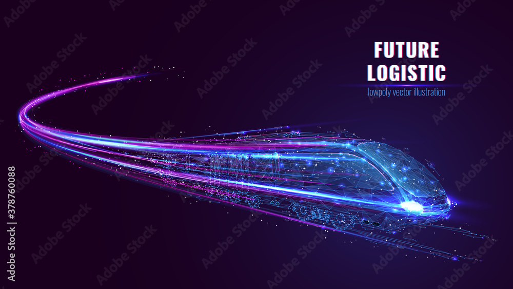 Aufkleber digital low poly wireframe of futuristic high-speed train. future logistics, modern technology, tran