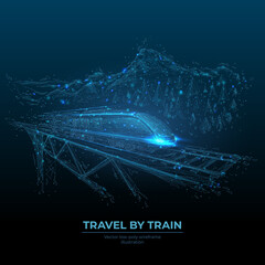Abstract polygonal high-speed train on rail bridge in dark blue. Travel by train banner template. Transport, travelling, tourism concept. 3d digital vector illustration with lines and connected dots 