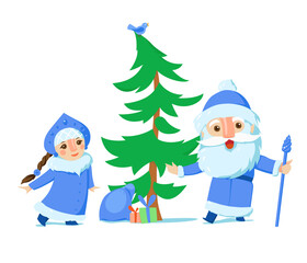 Russian Santa Claus. Grandfather Frost (Ded Moroz) and Snow Maiden (Snegurochka). Vector cartoon illustration.