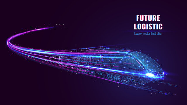 Digital low poly wireframe of futuristic high-speed train. Future logistics, modern technology, transport concept. Abstract 3d blue and purple illustration with connected dots. Vector color mesh