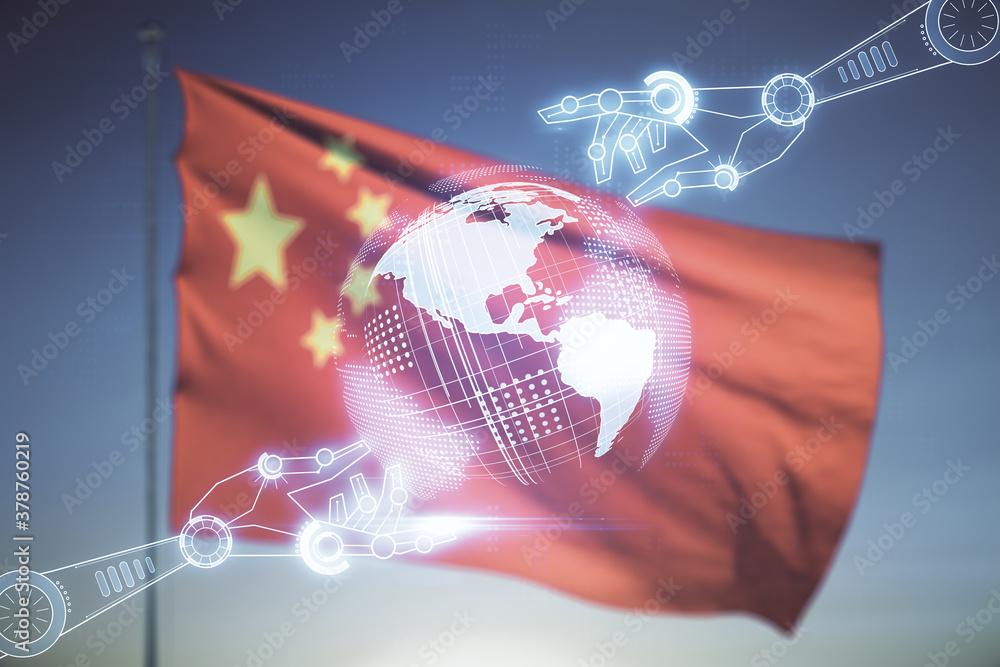 Poster abstract virtual robotics technology sketch with globe on chinese flag and sunset sky background, fu