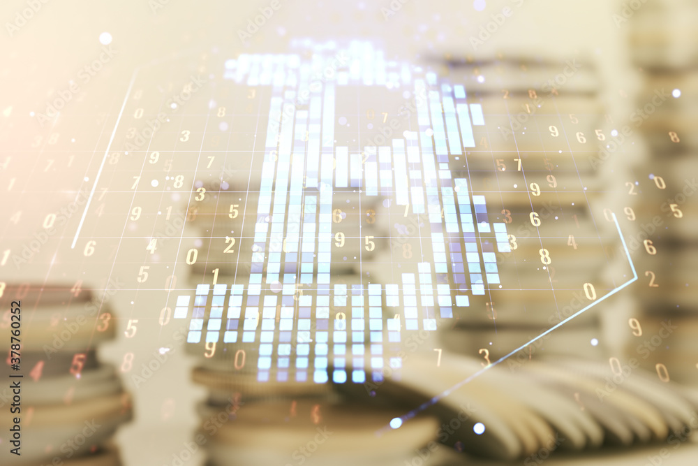 Poster double exposure of creative bitcoin symbol hologram on growing coins stacks background. mining and b
