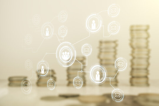 Abstract virtual social network hologram on coins background. Double exposure