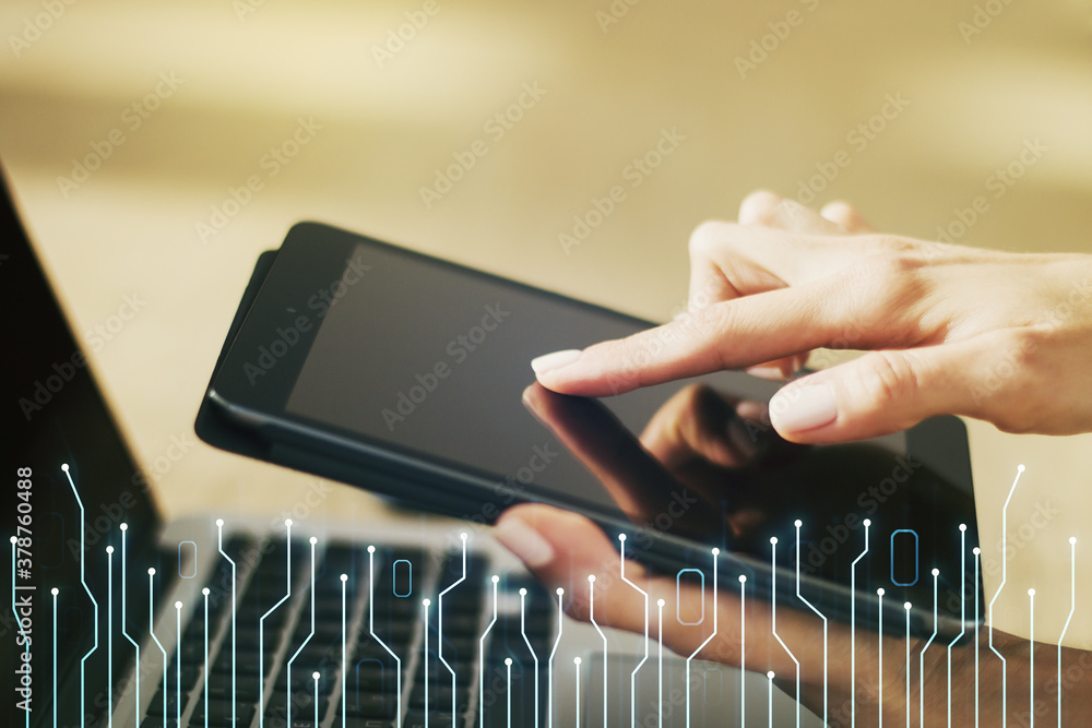 Aufkleber creative concept of microscheme illustration and finger clicks on a digital tablet on background. bi