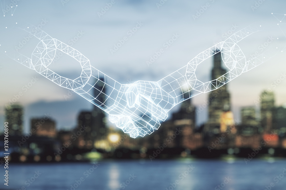 Poster abstract virtual block chain technology hologram with handshake on blurry skyscrapers background, cr