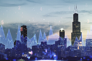 Abstract virtual analytics data spreadsheet on Chicago cityscape background, analytics and analysis concept. Multiexposure